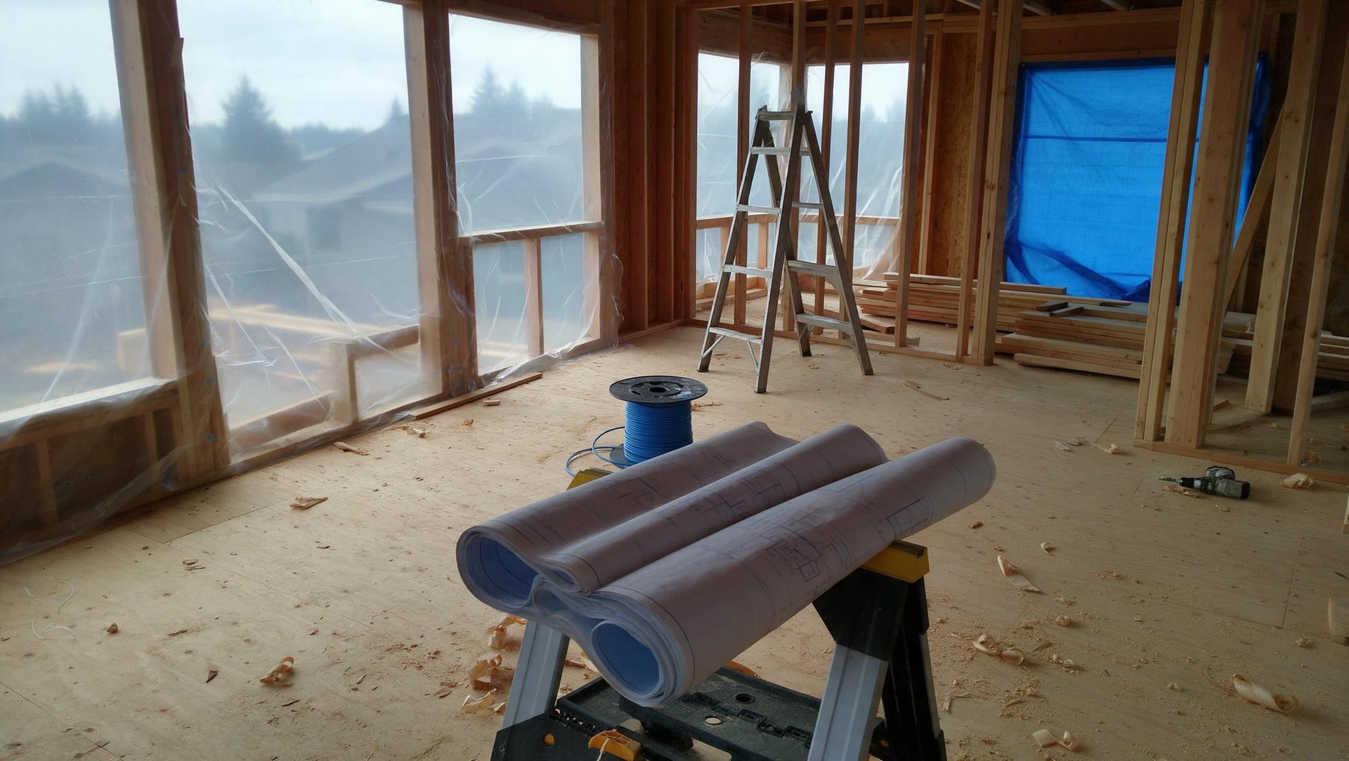 Rolled blueprints on sawhorses with spools of low-voltage cable on the subfloor of a framed house under construction