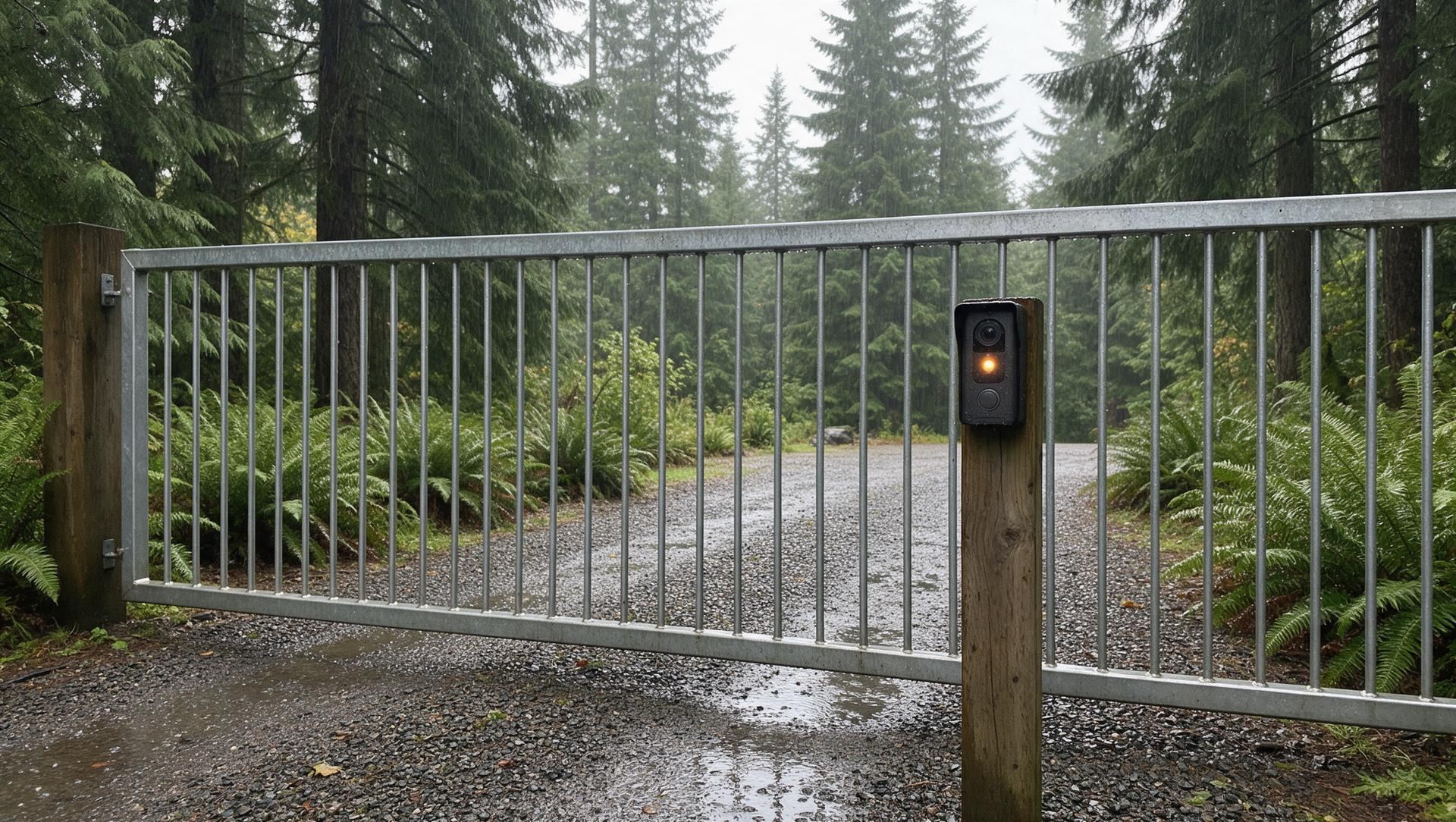 A small video intercom on a post beside a closed driveway gate on a rainy forested drive