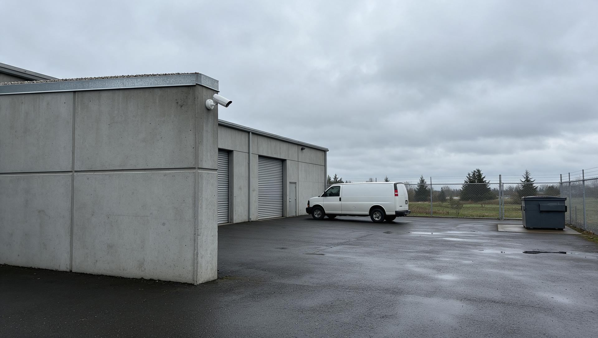 A security camera on the corner of a concrete warehouse in Kent, overlooking a wet lot with a van and roll-up doors