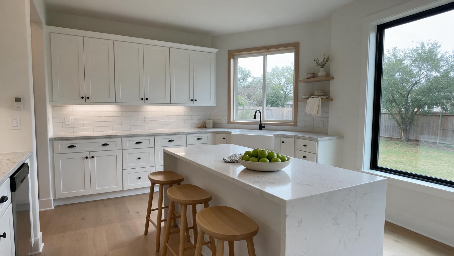 A new model-home kitchen with white cabinets and a small wall keypad beside the light switch by the doorway