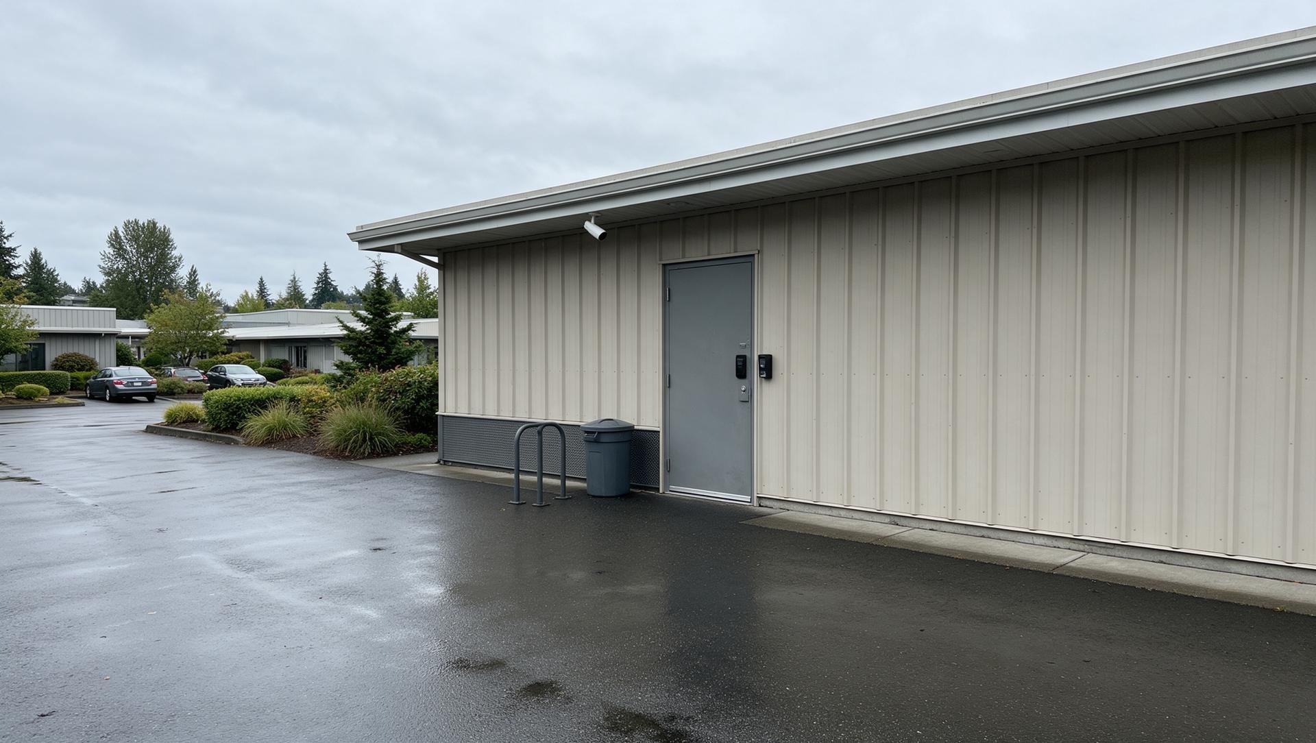 The staff side door of a single-story office building in a Kent business park on an overcast day, with a card reader and intercom by the door and a camera under the eave