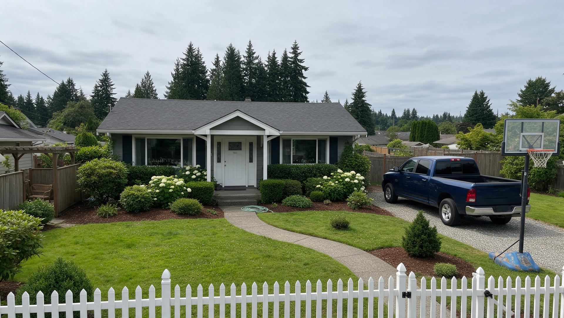 A single-story rambler in Puyallup with a pickup in the gravel drive on an overcast afternoon