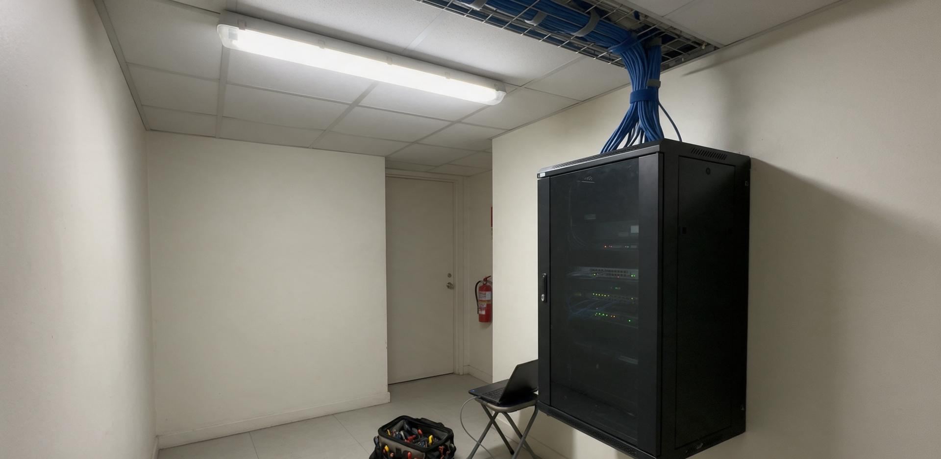 A closed wall-mounted network cabinet in a small telecom room during a service visit, with an open tool bag on the floor and a laptop on a stool