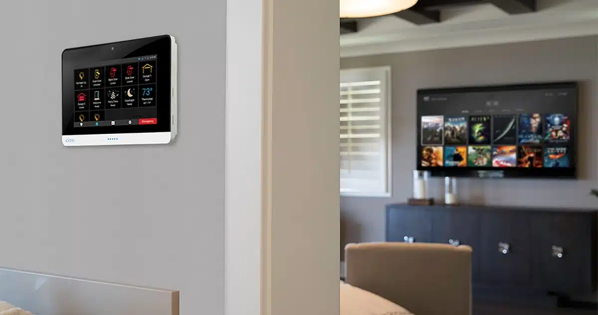 Wall mounted panel showing home security system